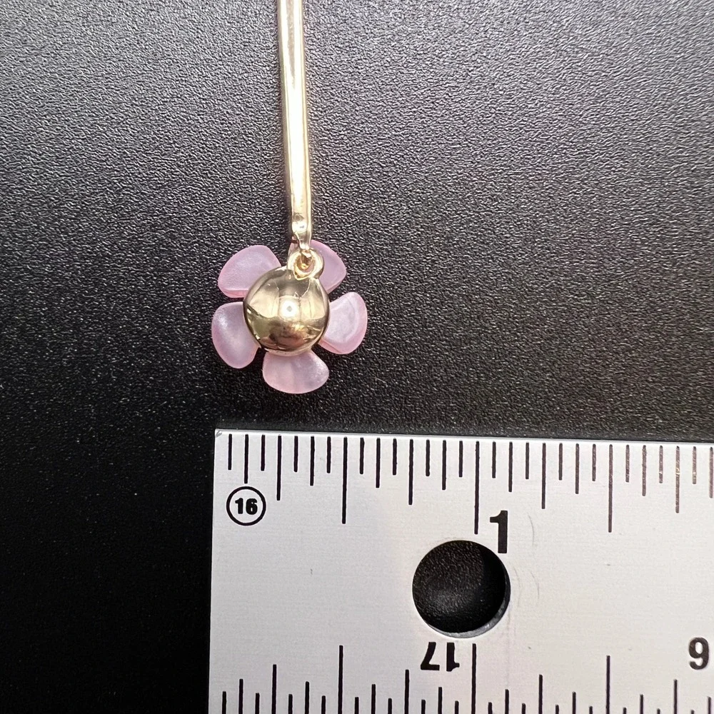 Pink Flower Drop Earrings Gold Tone Pave Rhinestone Resin Floral‎ Dangle Spring